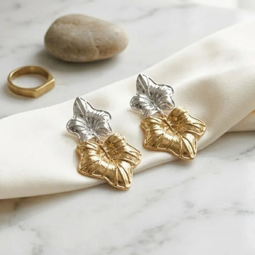Dual-Tone Crystal Flower Double Drop Earrings