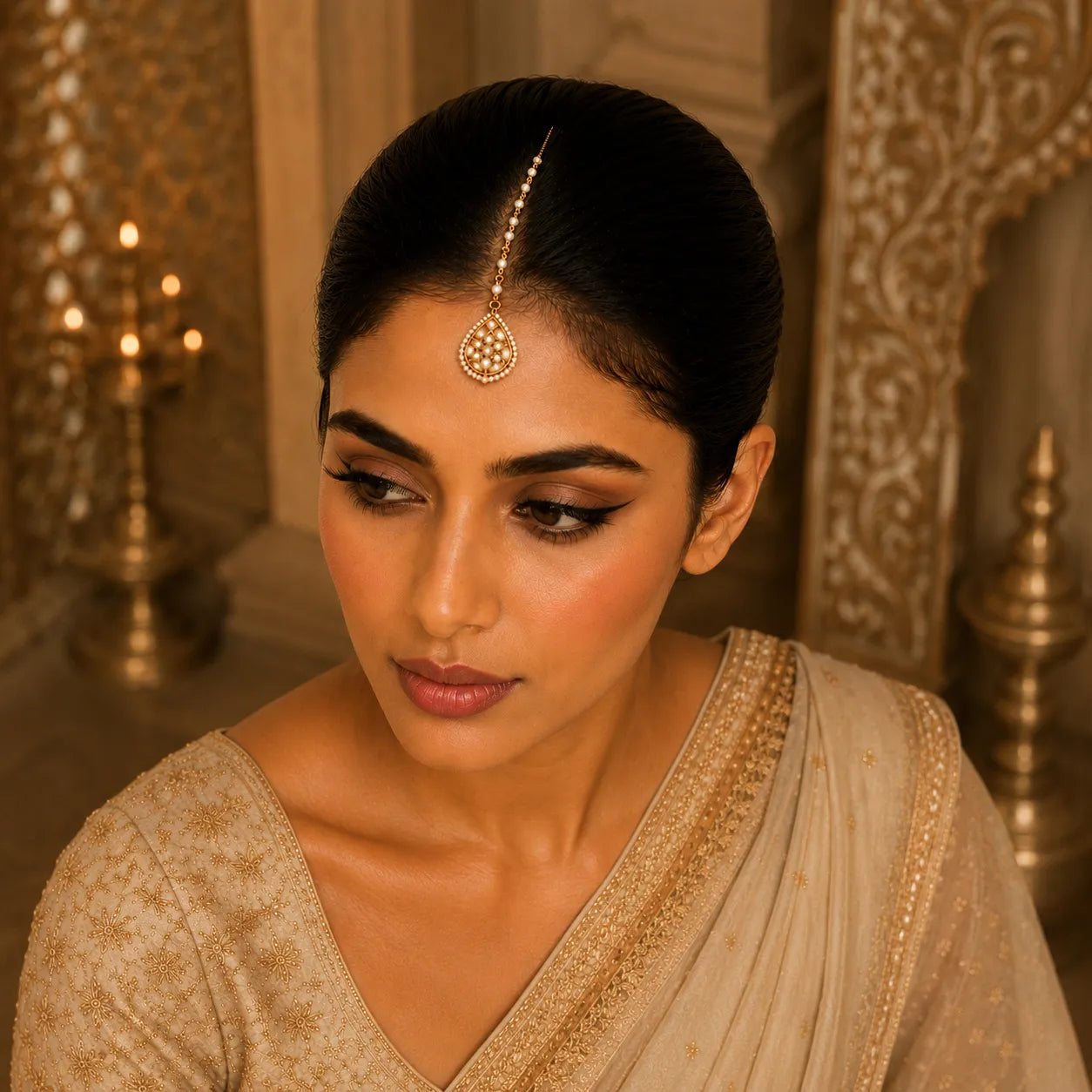 Woman in traditional attire with decorative hairpiece in a decorated room.
