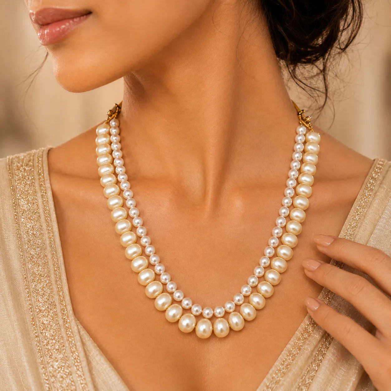 Pearl necklace worn by a person with a neutral background