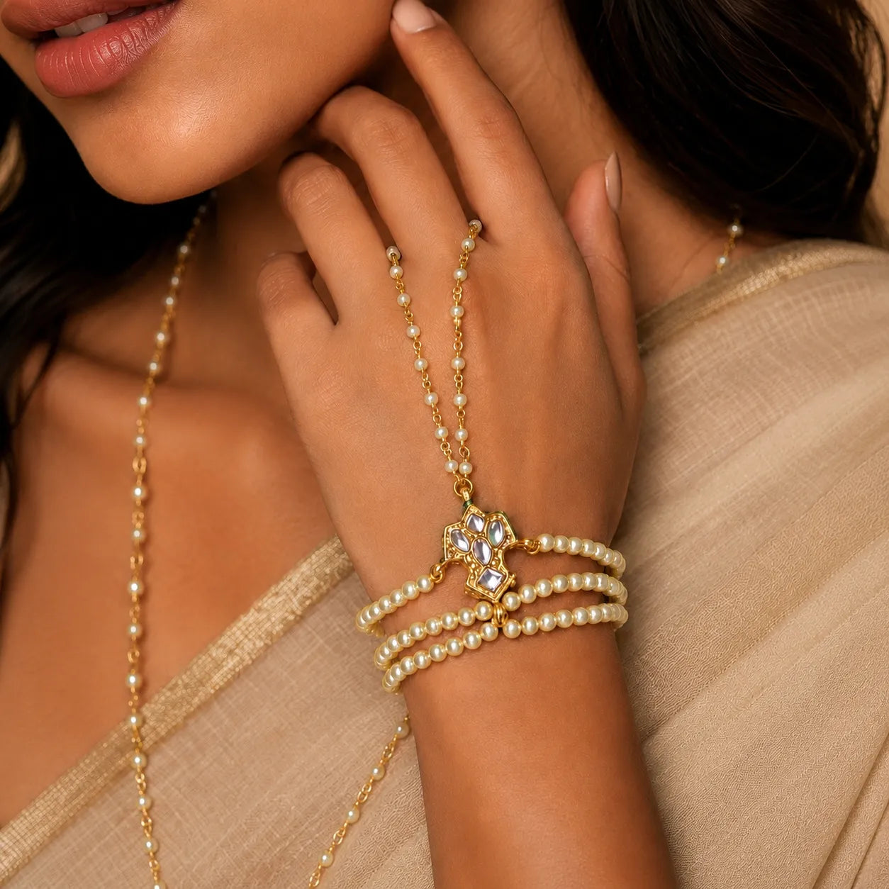 Close-up of a woman's hand wearing gold jewelry with a pearl necklace and bracelet.