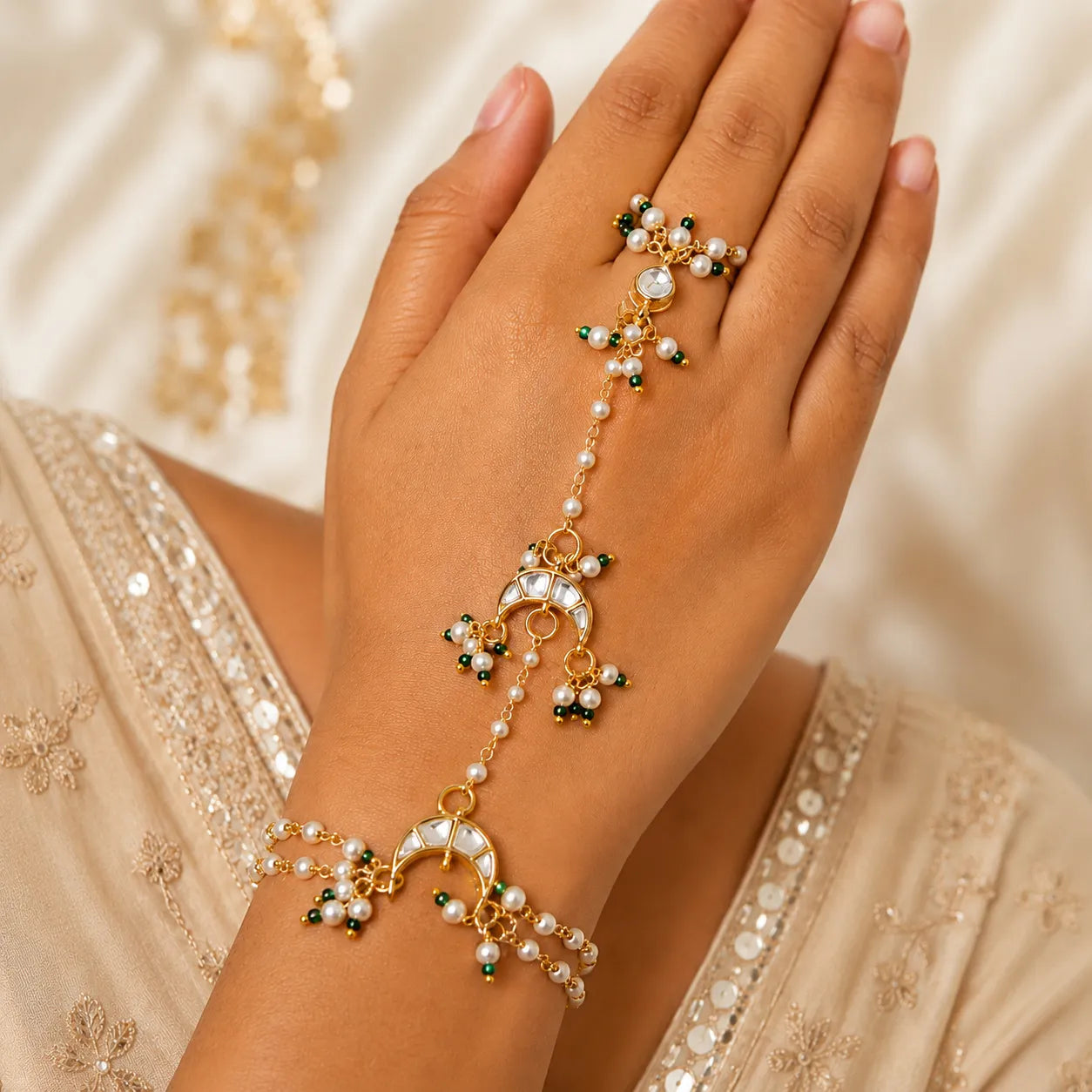 Hand wearing a gold and pearl bracelet with a soft, blurred background