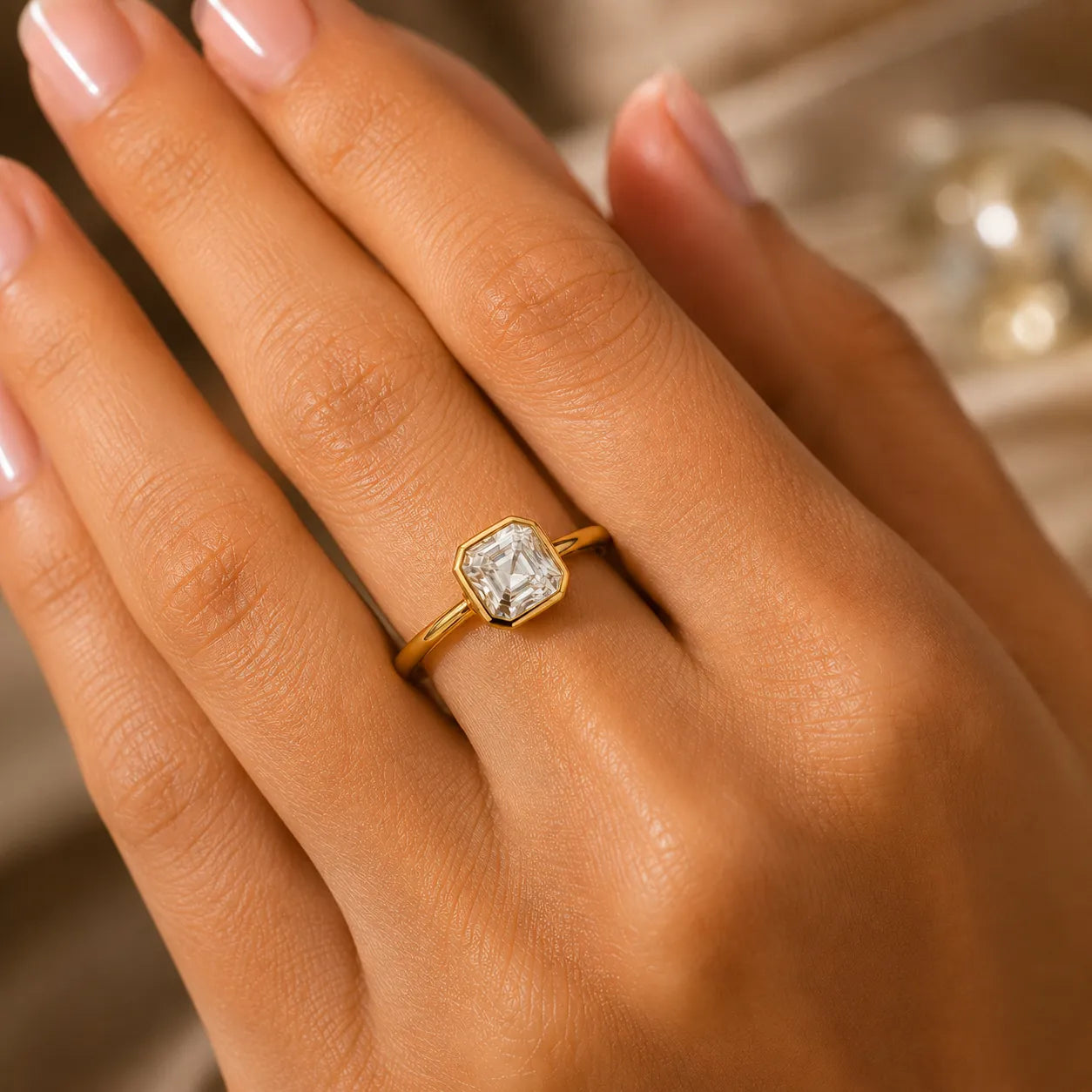 Gold ring with a diamond on a hand against a blurred background