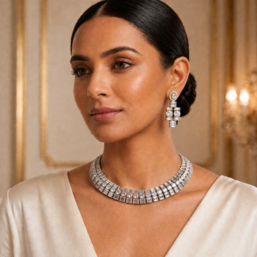 Silver & Gold CZ Baguette Collar Necklace Set with Geometric Drop Earrings