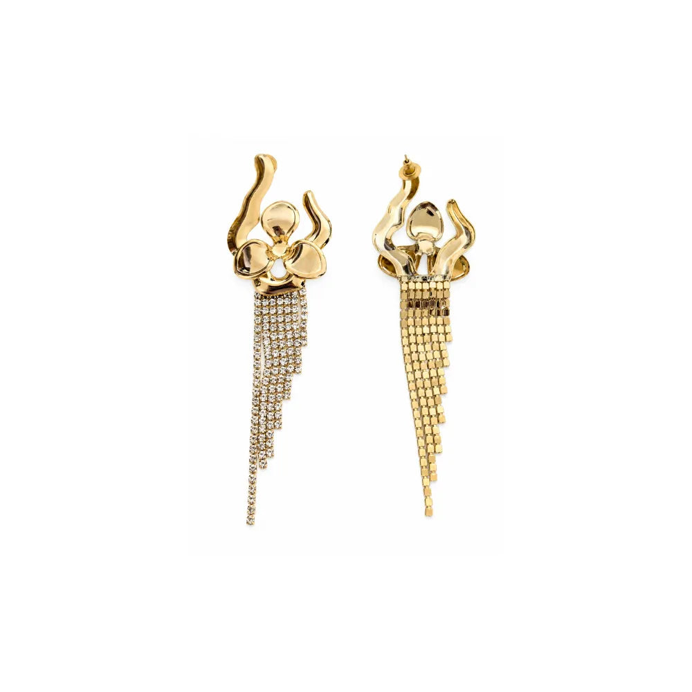 Gold earrings with intricate designs on a white background