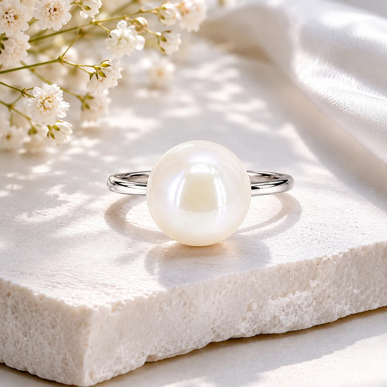 Pearl ring on a white stone surface with white flowers in the background