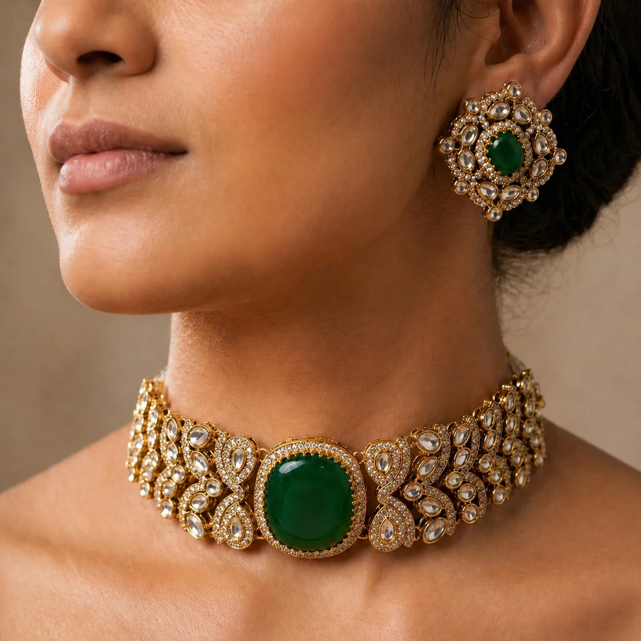 Close-up of a woman wearing an ornate gold and green necklace and earrings.