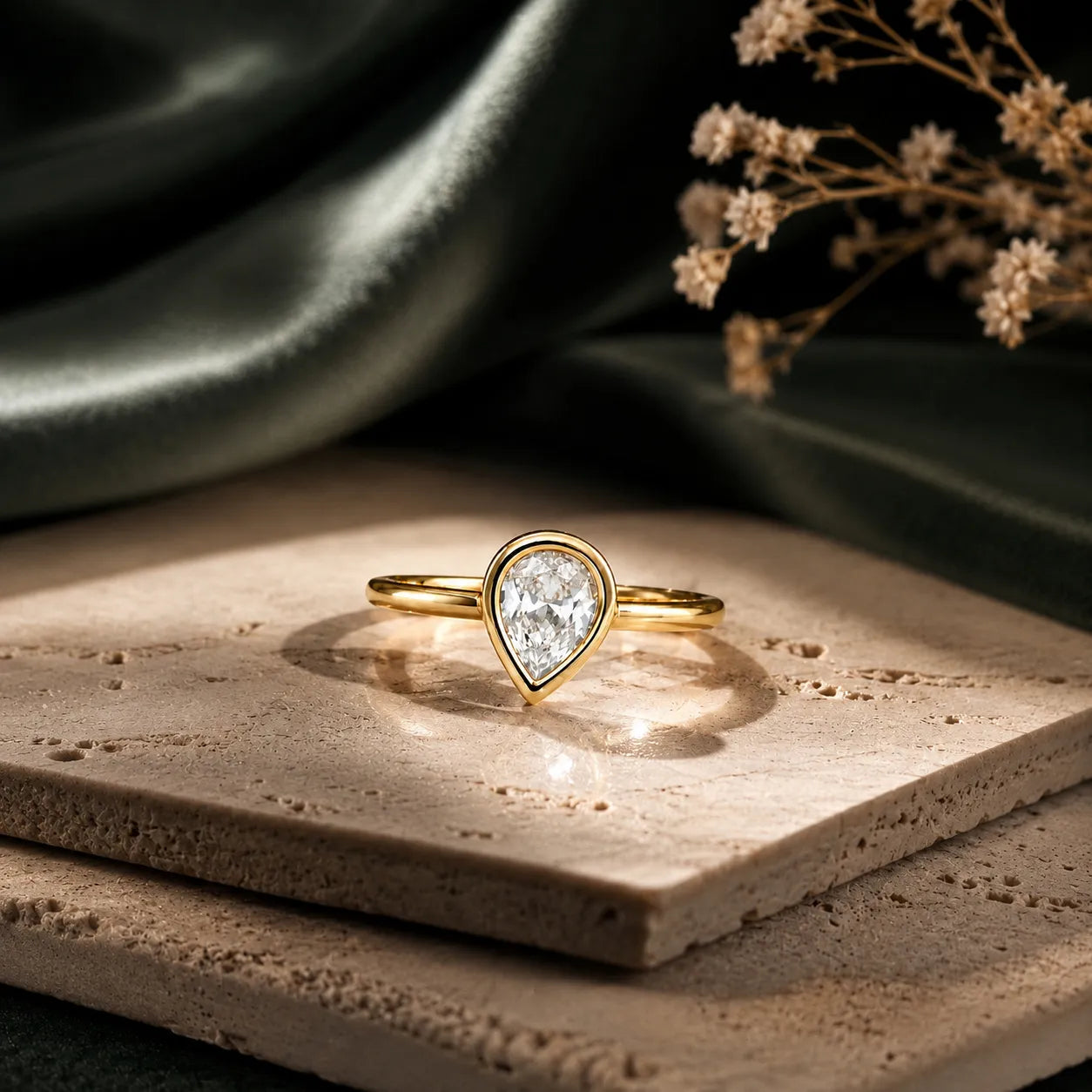 Gold ring with a pear-shaped diamond on a textured surface with a dark background