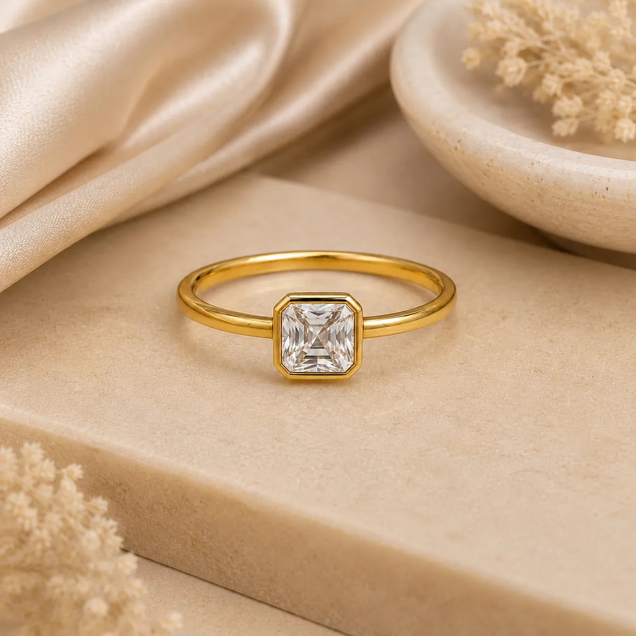 Gold ring with a square-cut diamond on a beige fabric background