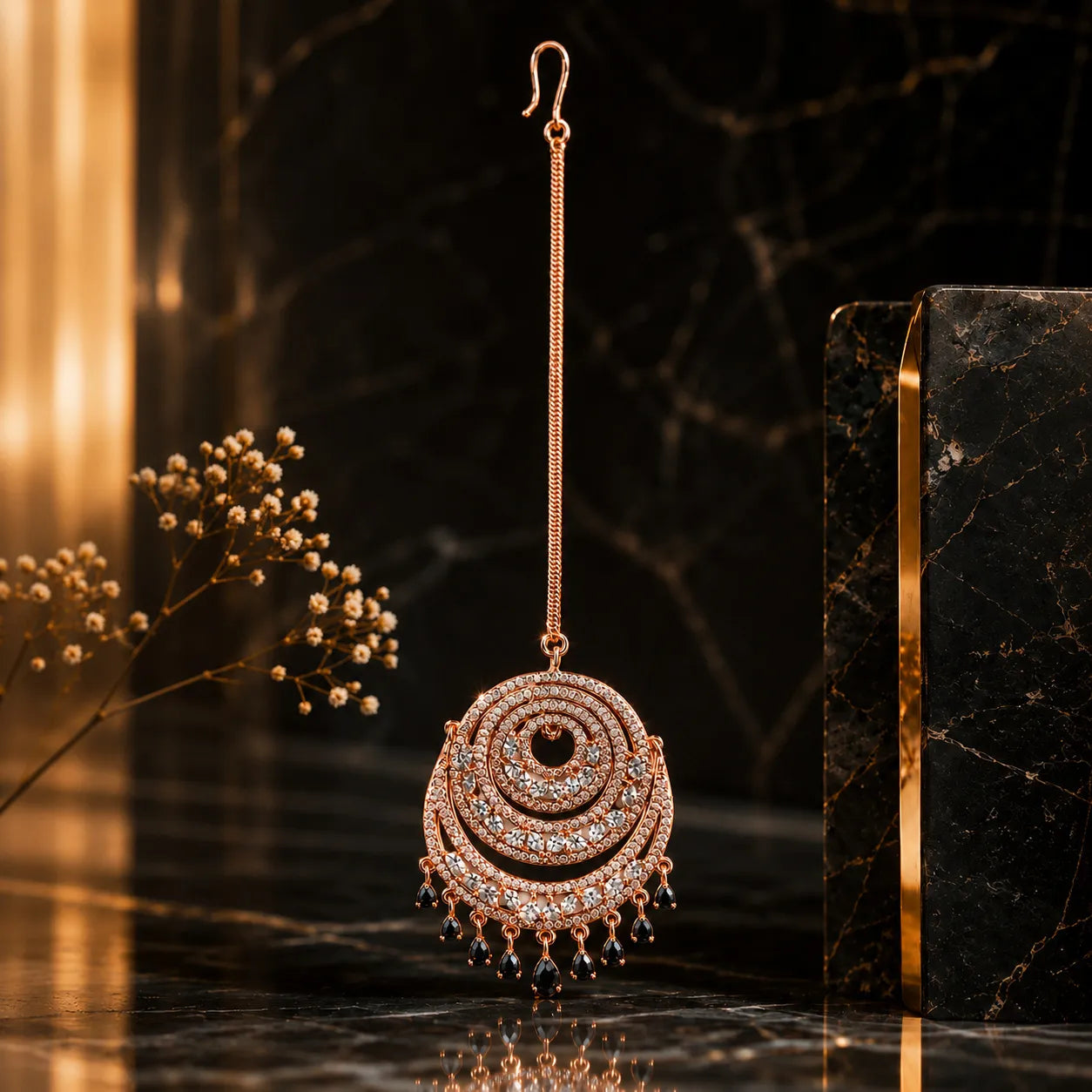 Ornate earring with circular design on a dark marble surface