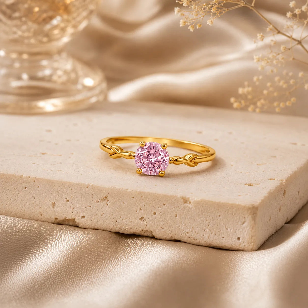 Gold ring with a pink gemstone on a beige surface with flowers in the background