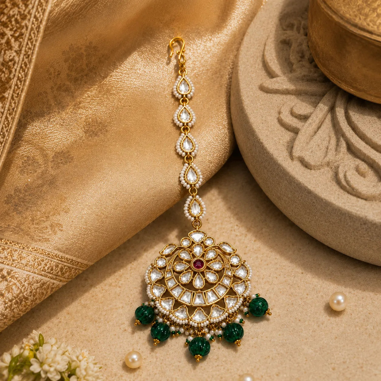 Ornate gold and green pendant with pearls on a textured beige surface