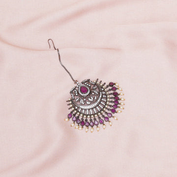 Oversized Diamond & Maroon Stone Maang Tikka