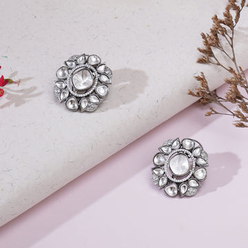 Oversized Silver Polki Studs with Diamond Details