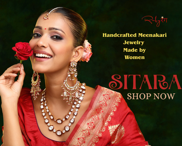 Woman wearing Meenakari jewelry with a red rose, promoting Sitara jewelry. Woman in red traditional attire with Meenakari jewelry, holding a rose, on a dark green background with 'SITARA' branding. The newest Ruby Raang collection — now live.