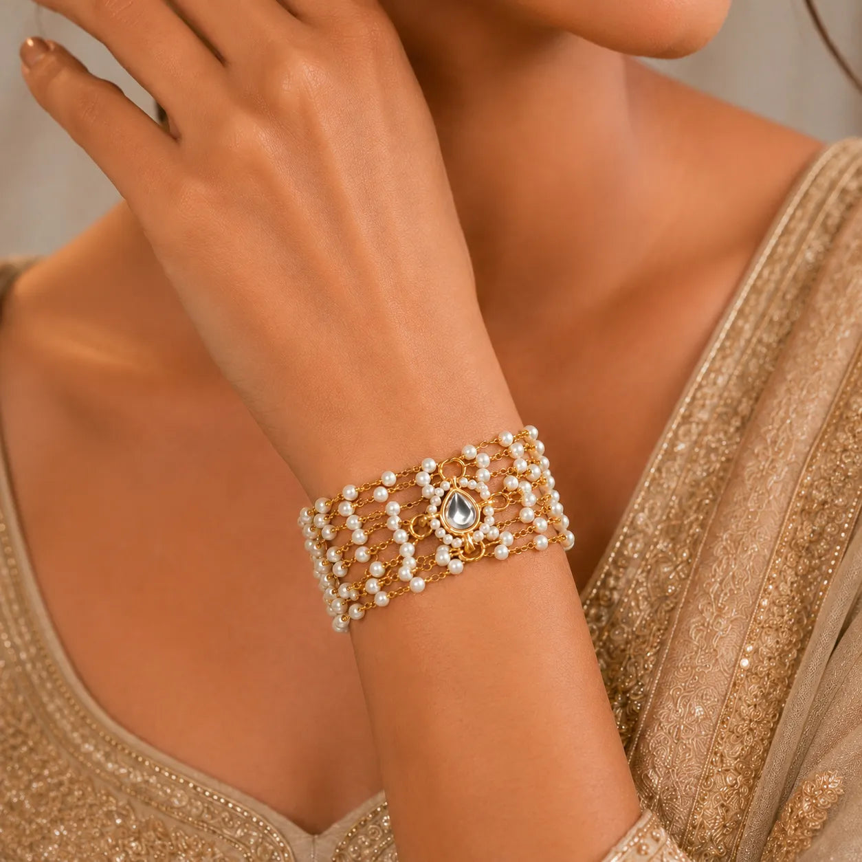 Close-up of a woman's arm wearing a gold and pearl bracelet against a neutral background