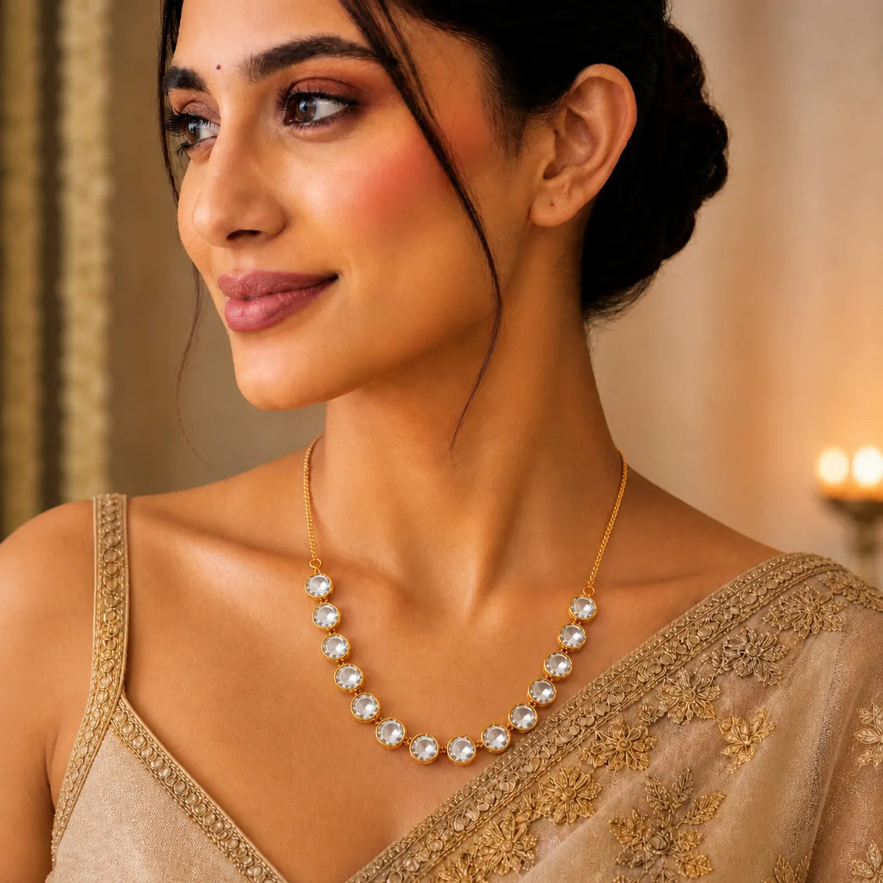 Woman wearing a gold necklace with a blurred background