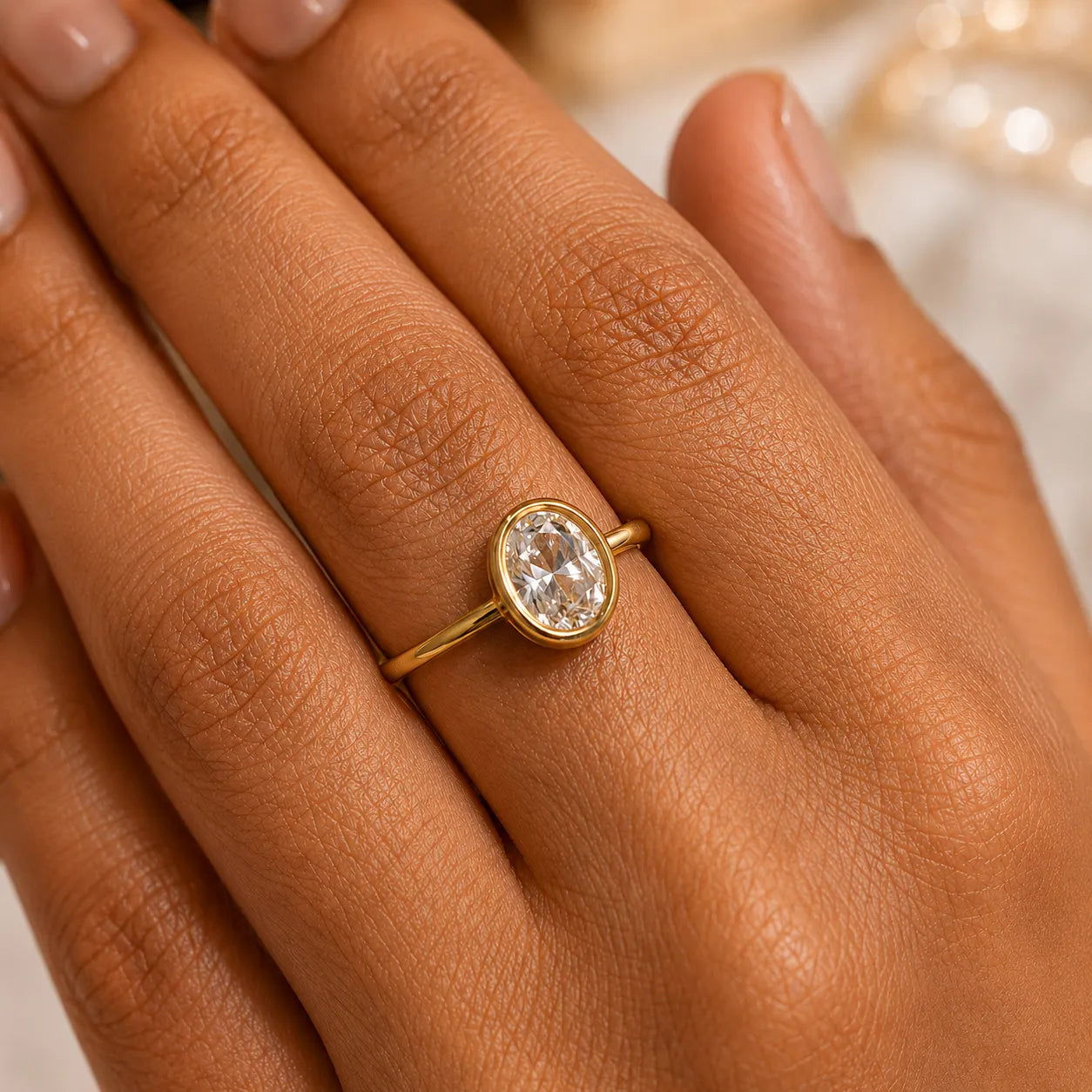 Gold ring with a diamond on a person's finger