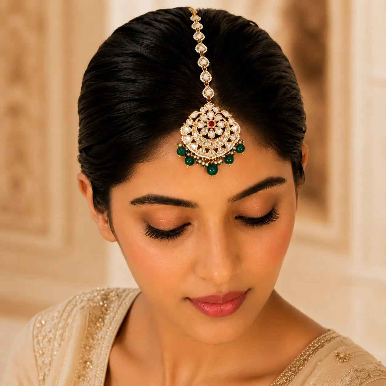 Woman wearing a decorative hairpiece with green gemstones against a neutral background