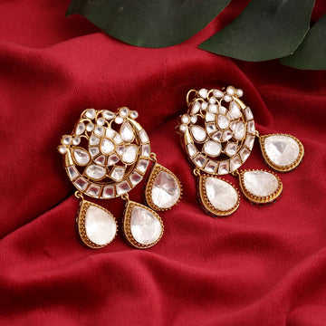 Oversized kundan earrings with layered teardrop and back push and clip for better support