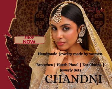 Woman wearing jewelry with 'Chandni' branding and promotional text on a patterned background