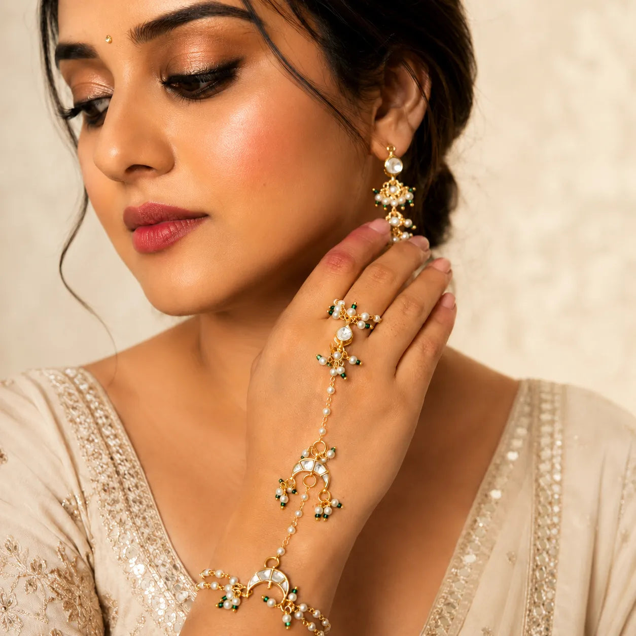 Woman wearing kundan jewelry with a neutral background