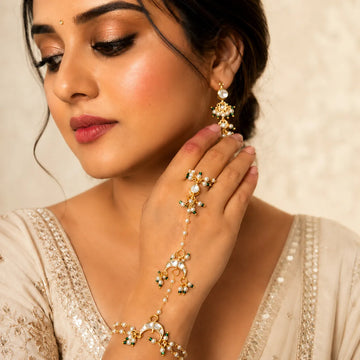 Woman wearing kundan jewelry with a neutral background
