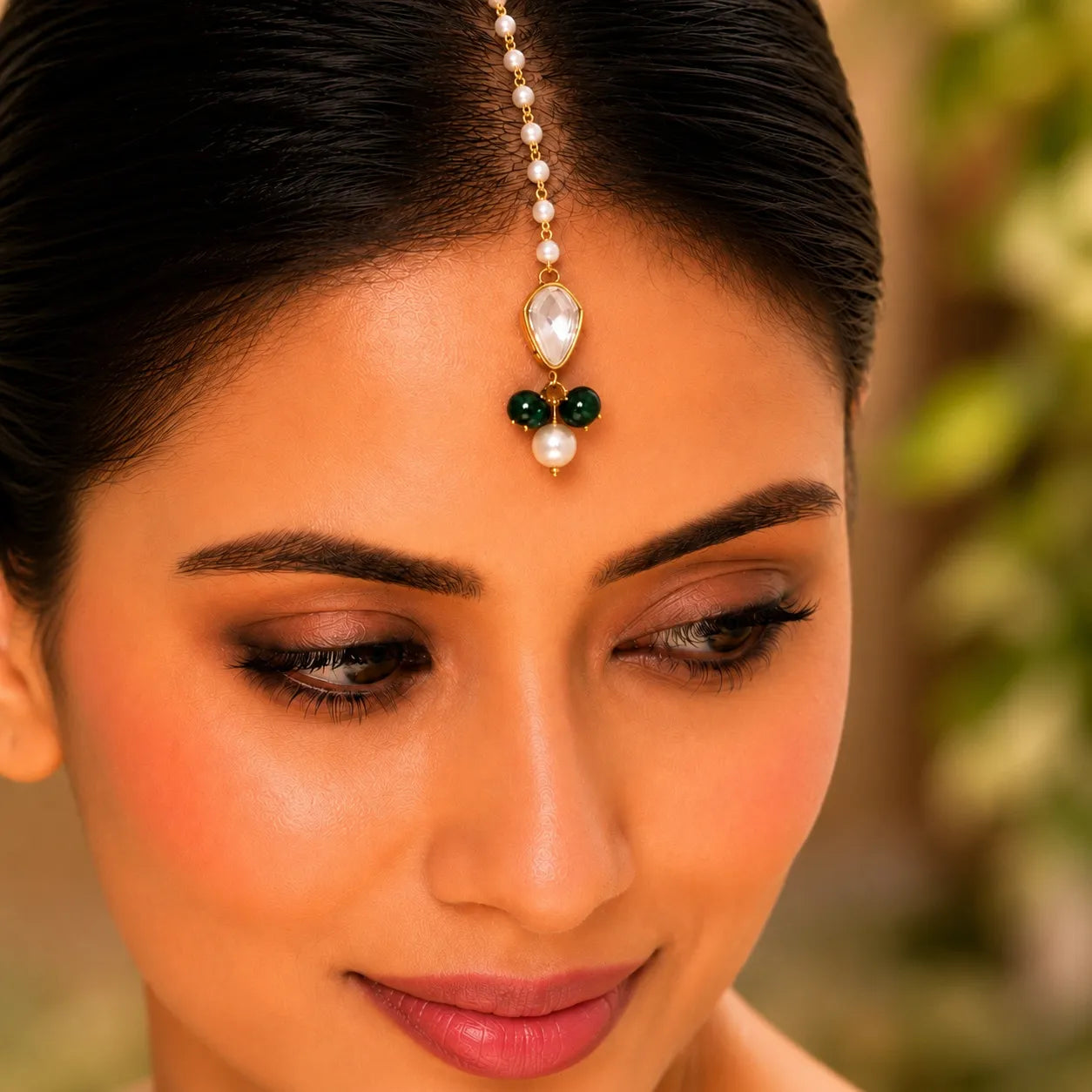 Close-up of a woman's face with traditional makeup and jewelry against a blurred natural background