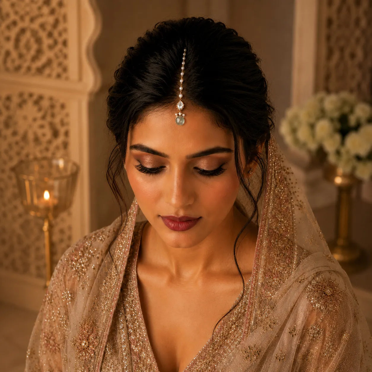 Woman in traditional attire with decorative hairpiece in a warm, decorated room.