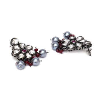 Long Kundan Neckpiece with Earrings with Grey Stones