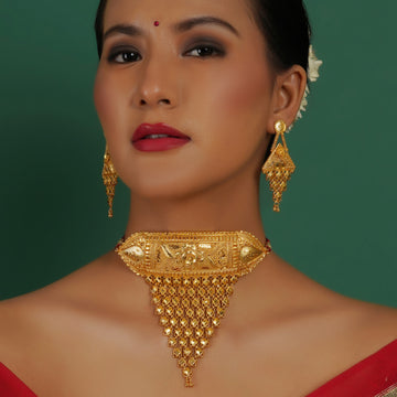 Heavy Traditional Jhallar Neckpiece with matching Golden Earrings