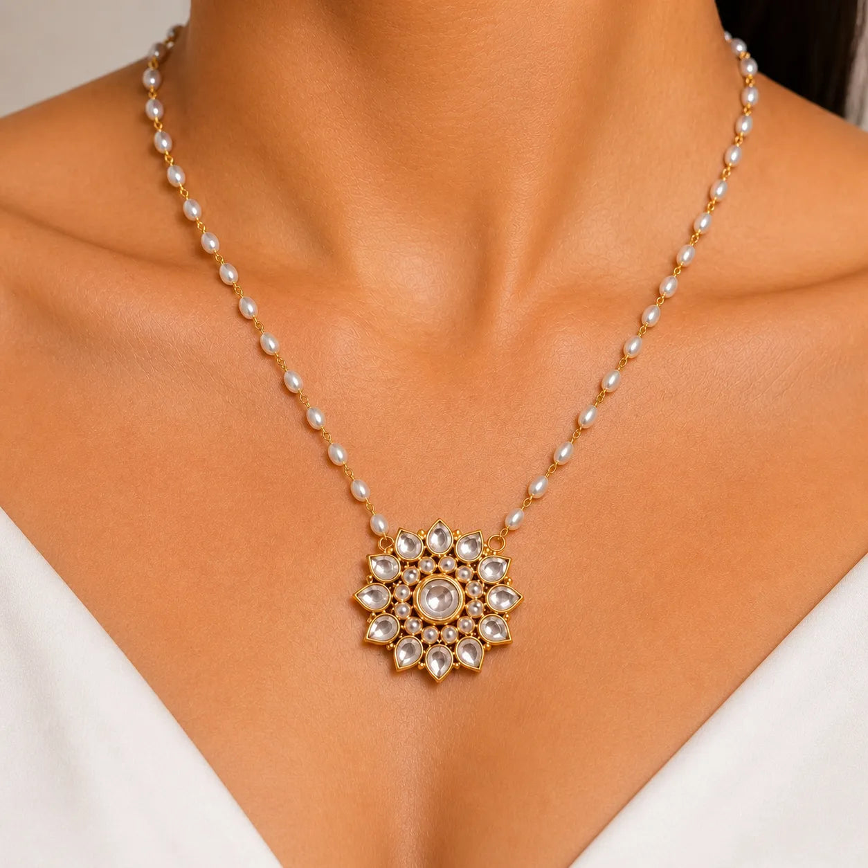 Pearl necklace with a gold and diamond pendant on a person wearing a white top.