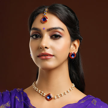 Blue and Red Meenakari Kundan Necklace with Earrings & Maang Tikka