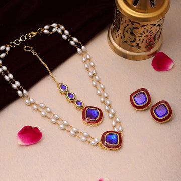 Blue and Red Meenakari Kundan Necklace with Earrings & Maang Tikka