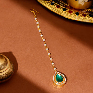 Tear Drop Green Meenakari with Diamond Maang Tikka