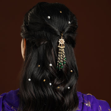 Flower Kundan & Green Stone Hair Jewelry
