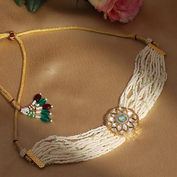 Pearl and Kundan Choker with Intricate Flower Design