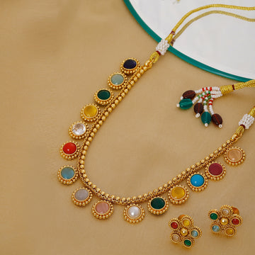 Multi Colored Stone in Gold Choker with Earrings