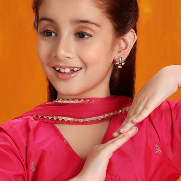 Ruby Raang Kids Tear Drop Shaped Kundan Studs Earrings in Blue Stone with Pearl Jhallar in Gold Plated Brass