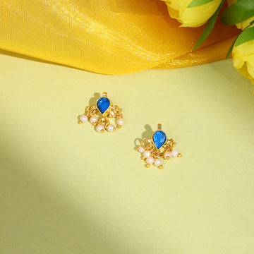 Ruby Raang Kids Tear Drop Shaped Kundan Studs Earrings in Blue Stone with Pearl Jhallar in Gold Plated Brass