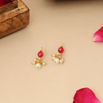 Ruby Raang Kids Kundan Teardrop Studs Earrings in Maroon with Pearl Jhallar in Gold Plated Brass