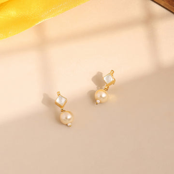 Ruby Raang Kids Square Shaped Kundan Stud Earrings with Pearls Bead Drop in Gold Plated Brass