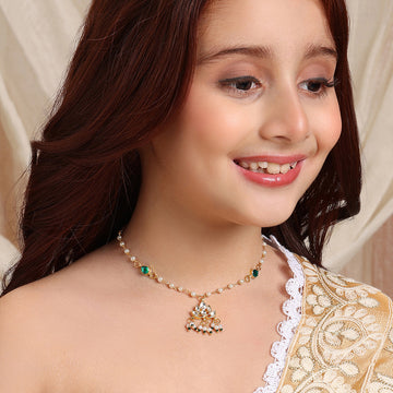 Ruby Raang Kids Kundan Green Stone Necklace in Gold Plated Brass with Pearls