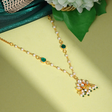 Ruby Raang Kids Kundan Green Stone Necklace in Gold Plated Brass with Pearls