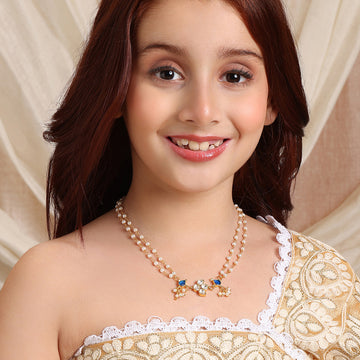 Ruby Raang Kids Kundan Green Stone Necklace in Gold Plated Brass with Pearls