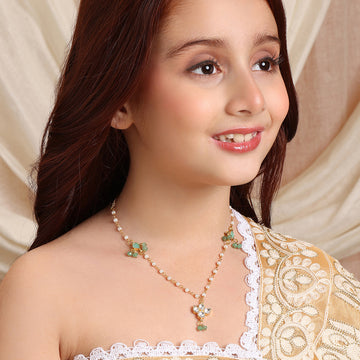 Ruby Raang Kids Kundan Mint Green Stone Necklace in Gold Plated Brass with Pearls