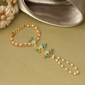 Ruby Raang Kids Kundan Mint Green Stone Bracelet/Haath Phool in Gold Plated Brass with Pearls