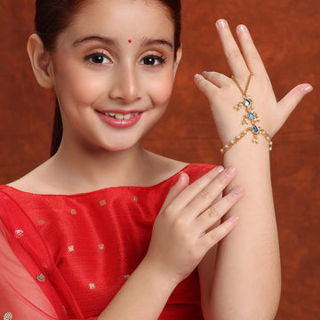 Ruby Raang Kids Kundan Blue Stone Bracelet/Haath Phool in Gold Plated Brass with Pearls