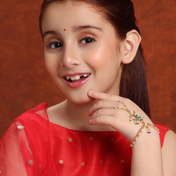 Ruby Raang Kids Kundan Bracelet/Haath Phool in Gold Plated Brass with Pearls & Green Stones