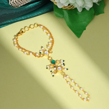 Ruby Raang Kids Kundan Bracelet/Haath Phool in Gold Plated Brass with Pearls & Green Stones