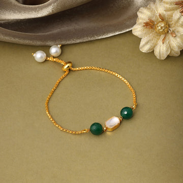 Ruby Raang Kids Kundan Green Stone Bracelet in Gold Plated Brass with Pearls